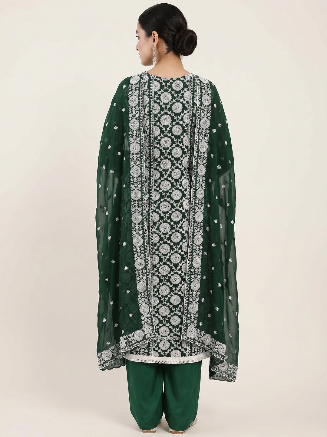 Green Floral Embroidered Georgette Dress Material - Image 3