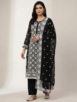 Black Floral Embroidered Georgette Dress Material - Image 1