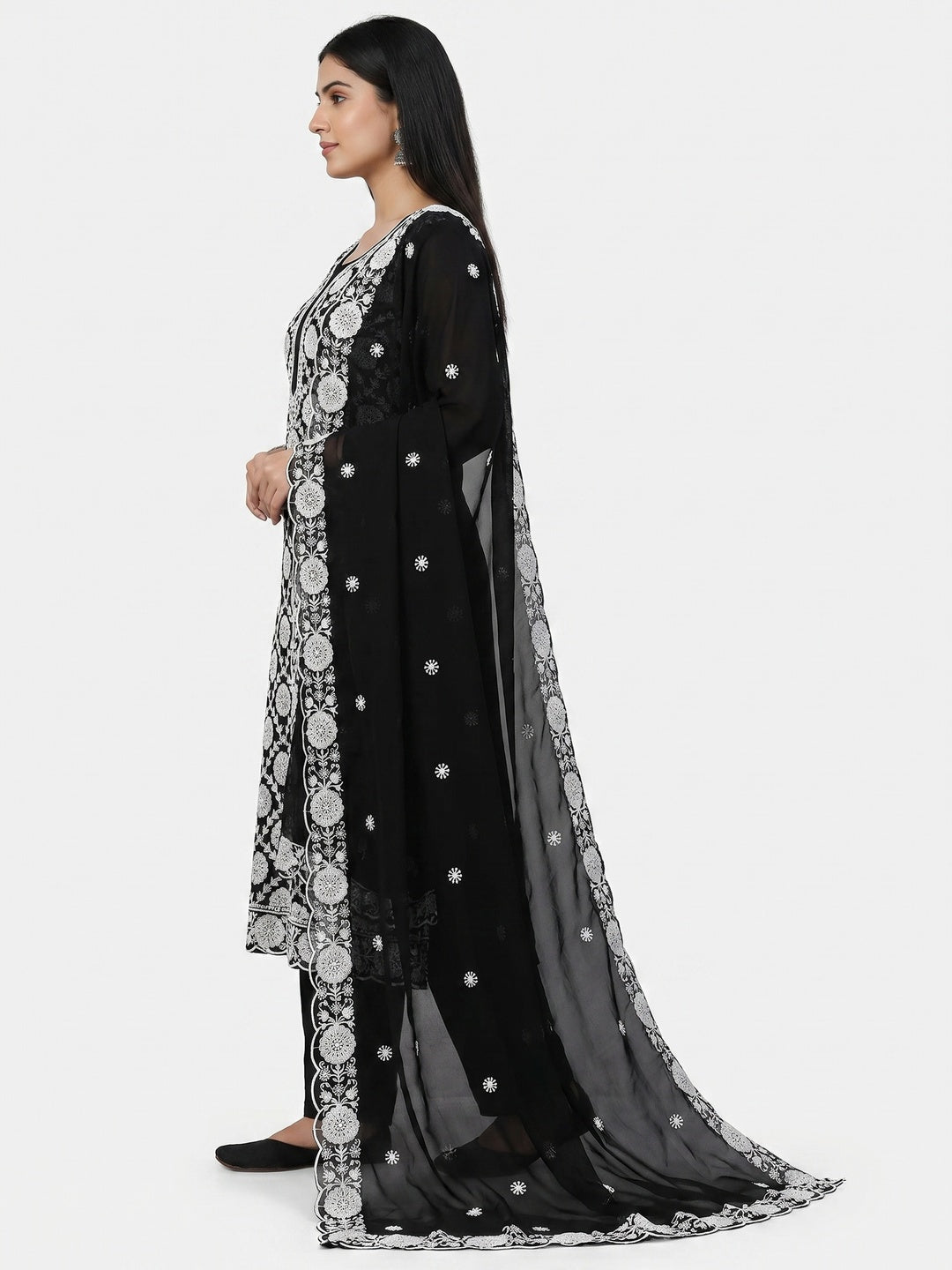 Black Floral Embroidered Georgette Dress Material - Image 3