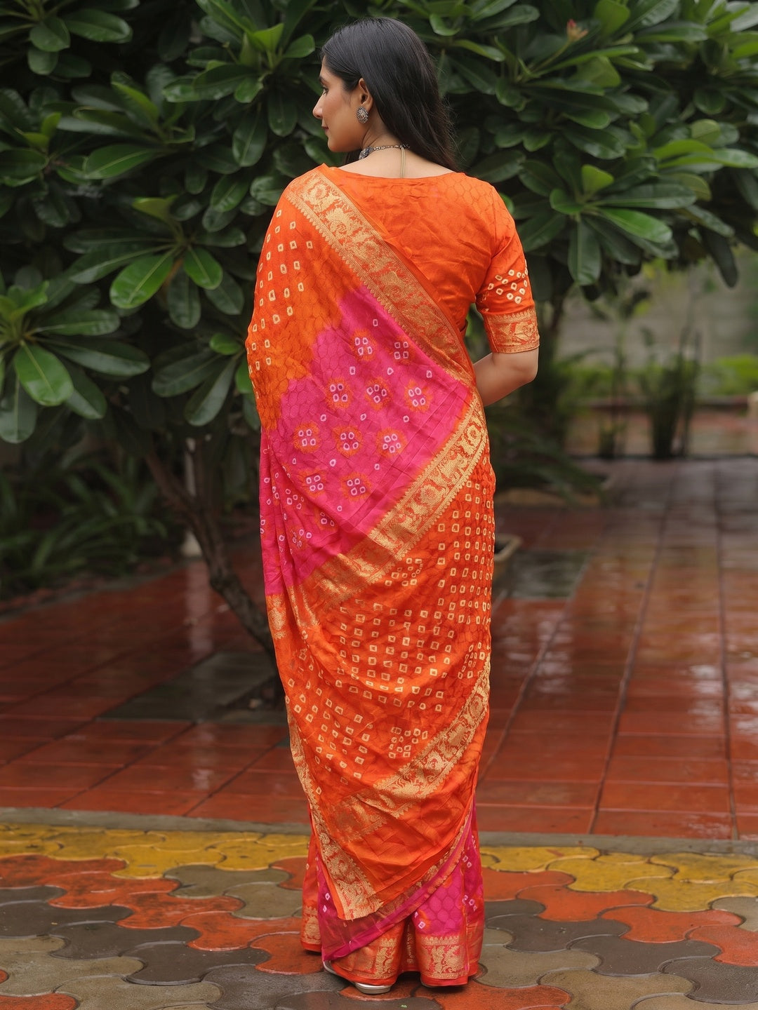 Orange Bandhani Printed With Woven Border Art Silk Saree - Image 1
