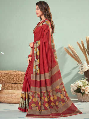 Red Printed Raw Silk Saree - Image 1