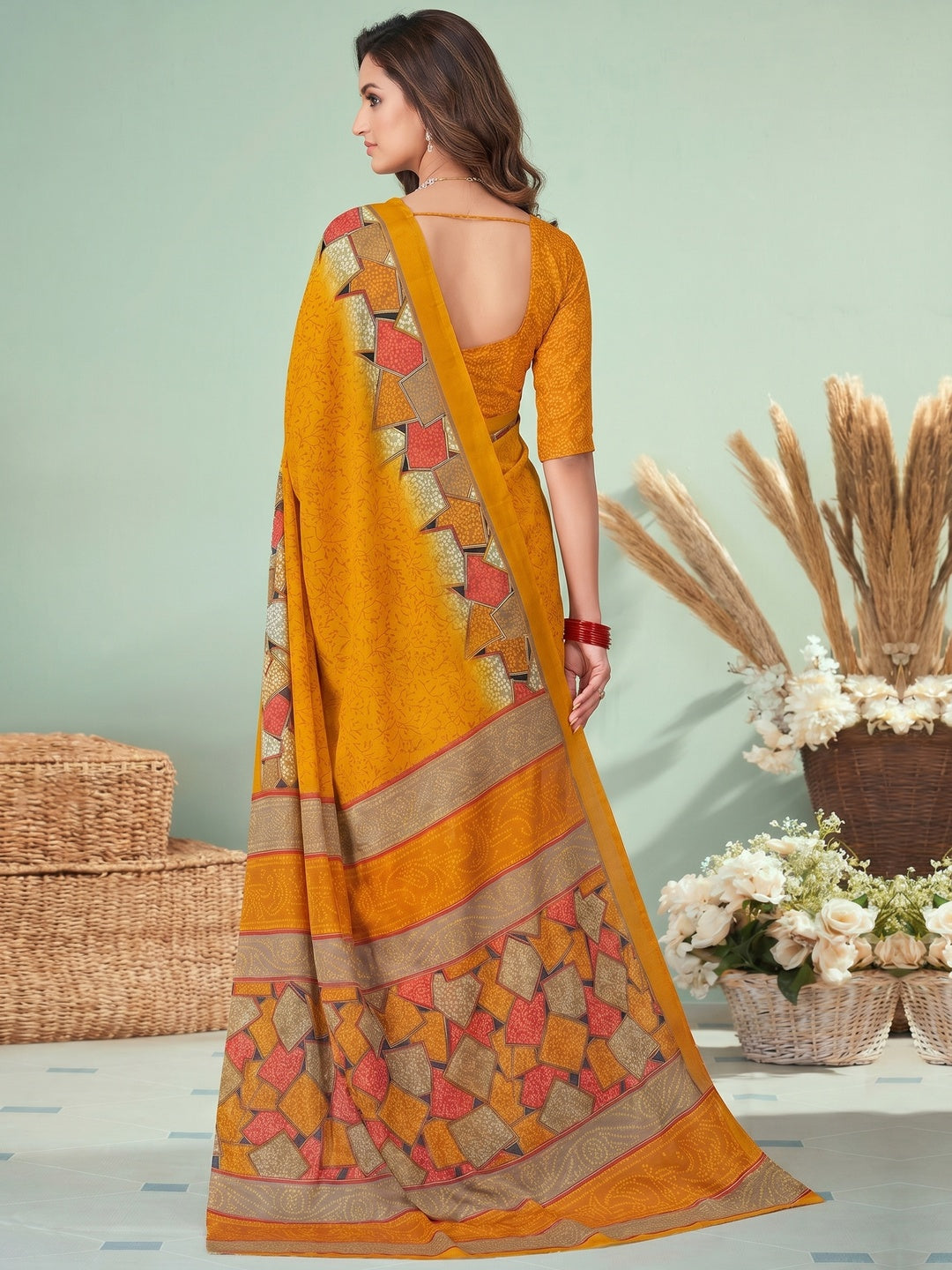 Mustard Printed Raw Silk Saree - Image 1