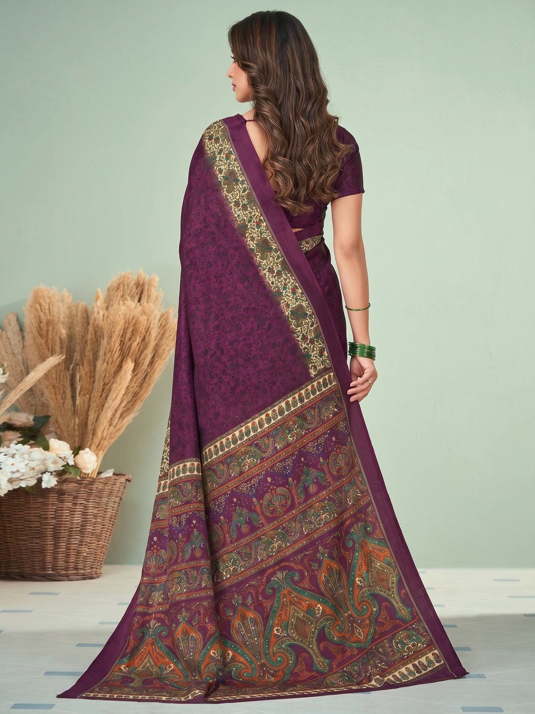 Purple Printed Raw Silk Saree - Image 1