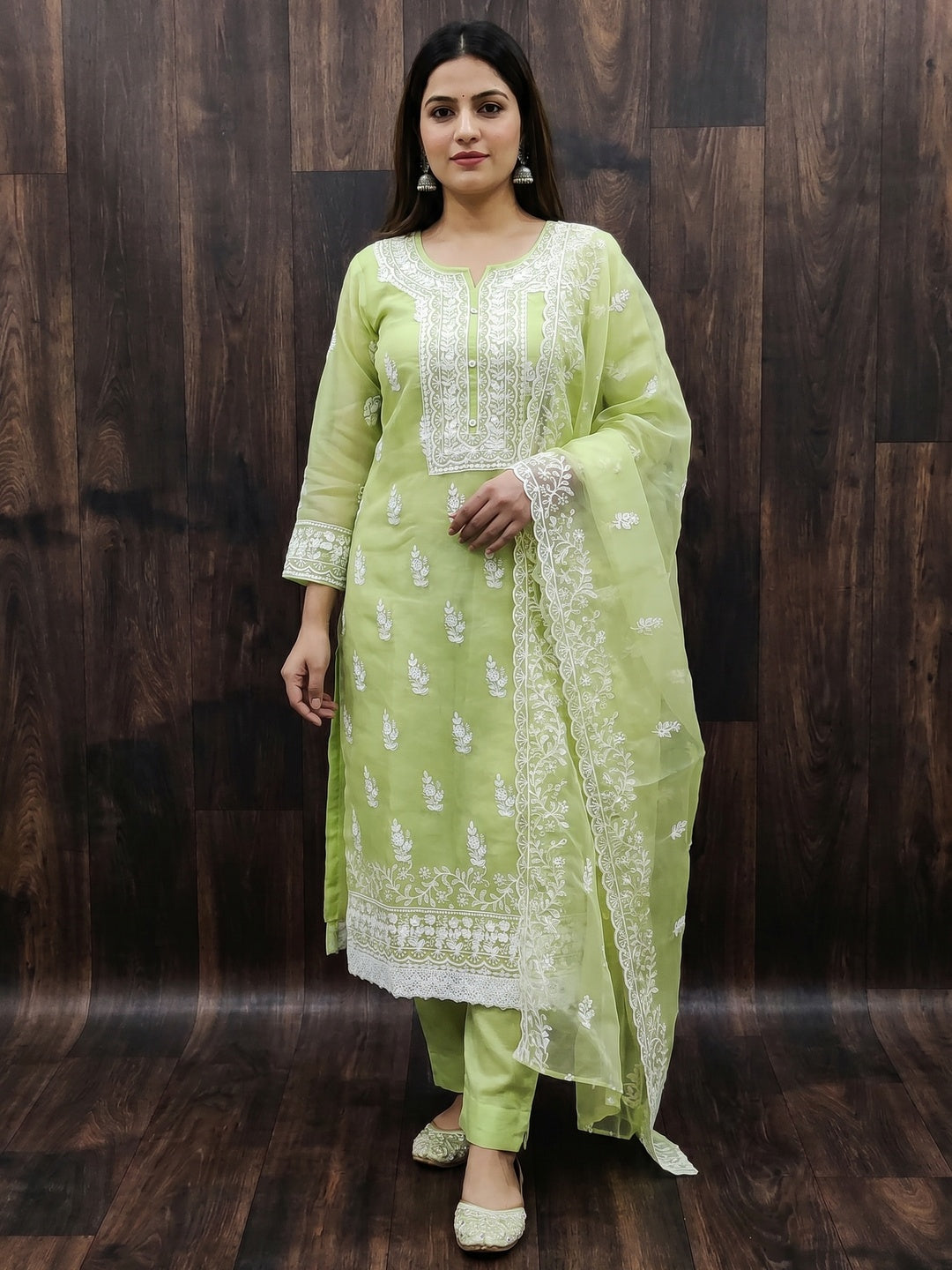 Pista Green Floral Embroidered Organza Dress Material - Image 3