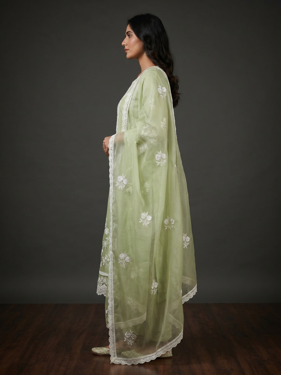 Pista Green Floral Embroidered Organza Dress Material - Image 2