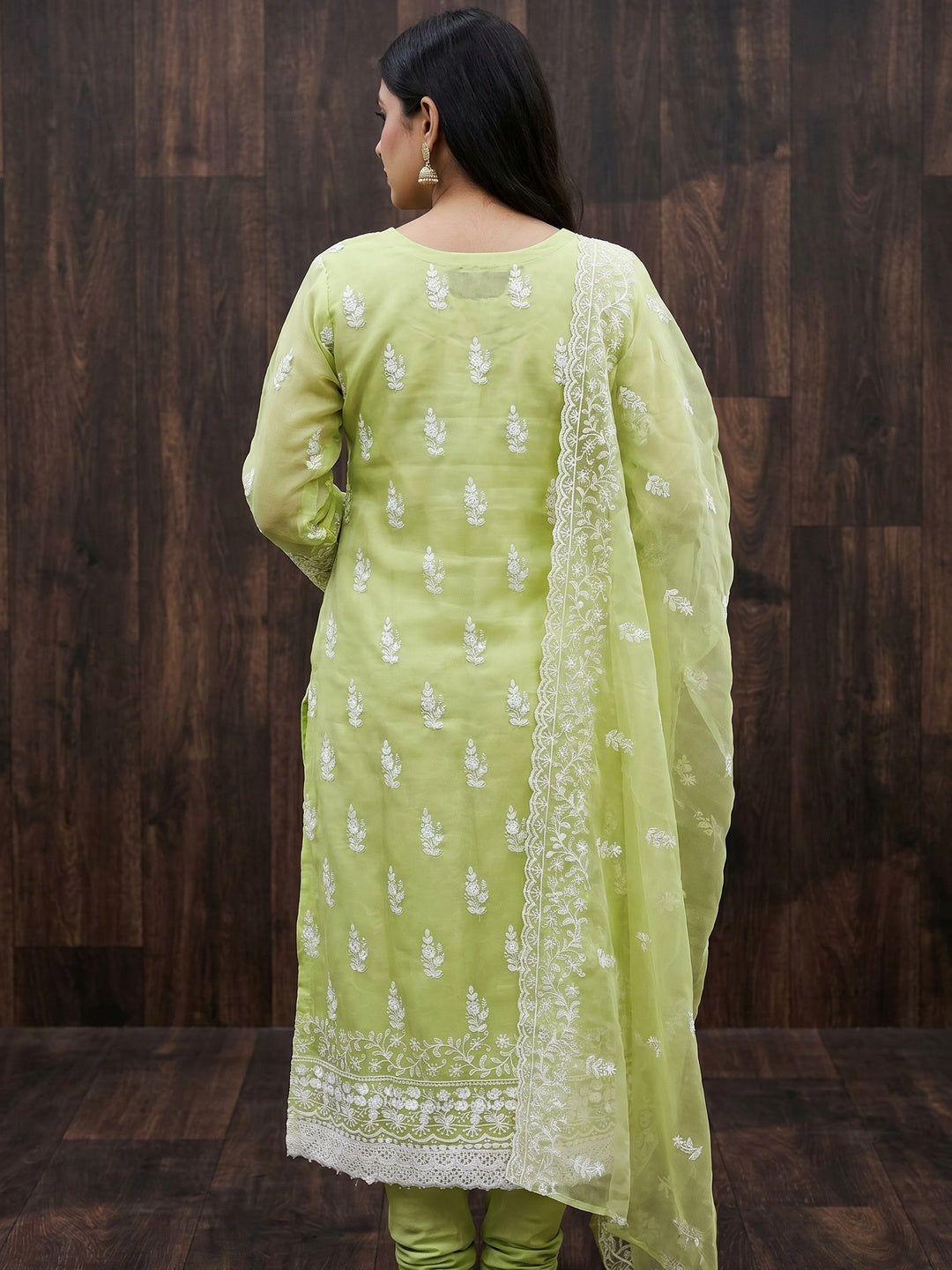 Pista Green Floral Embroidered Organza Dress Material - Image 1