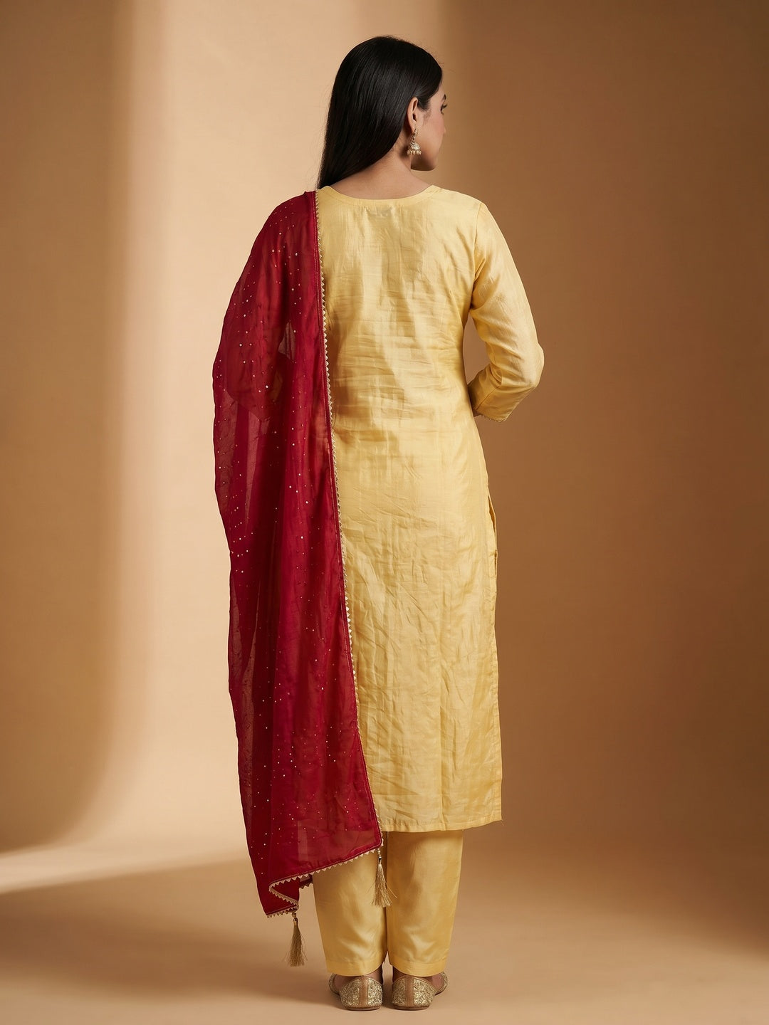 Yellow Sequins Floral Embroidered Chanderi Dress Material - Image 3