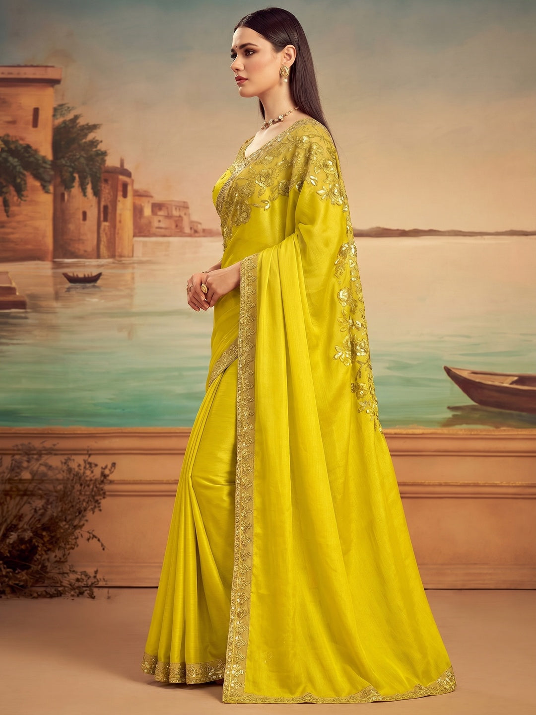 Lemon Green Floral Sequins Embroidered Art Silk Saree - Image 1