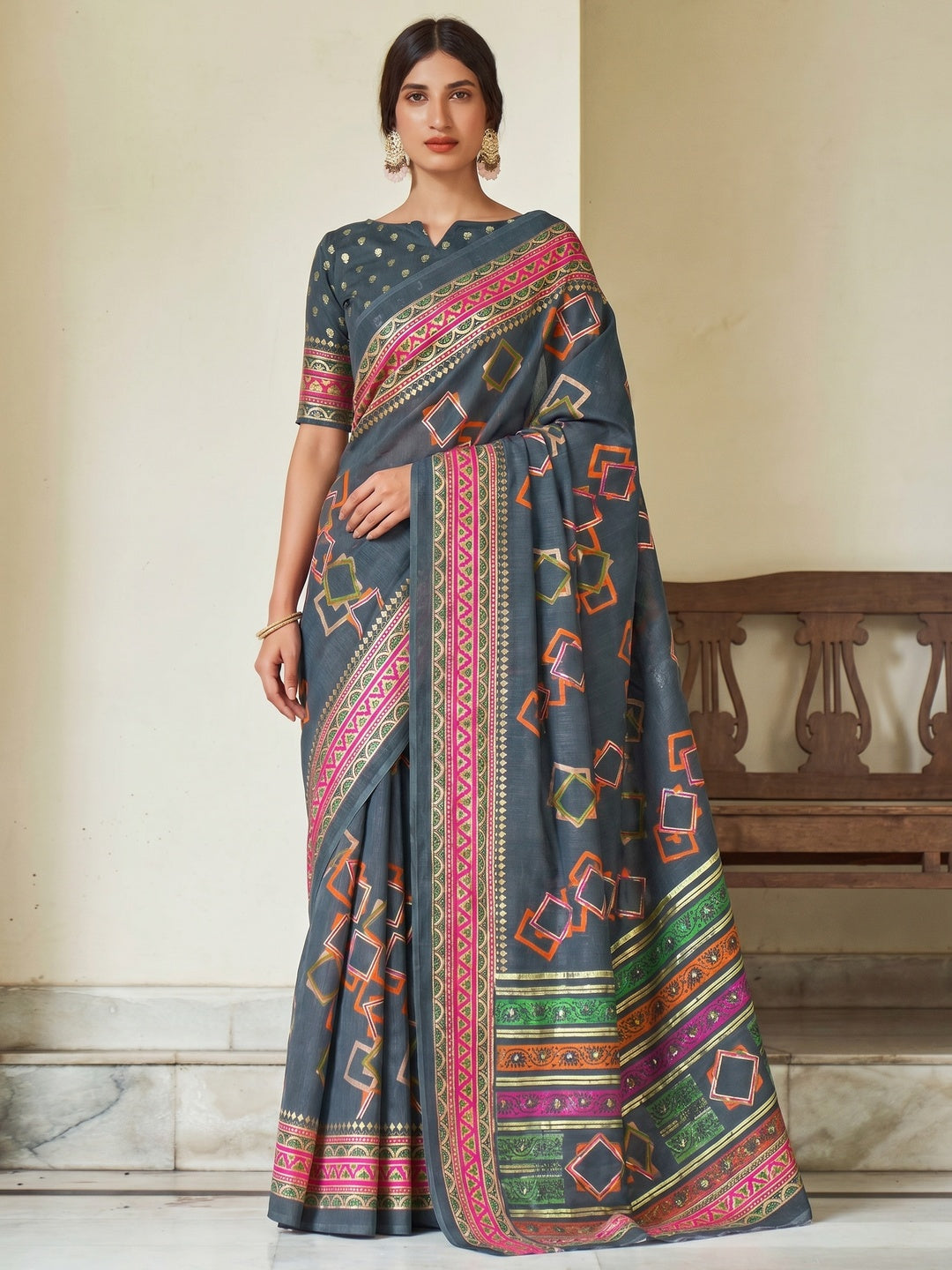 Grey Foil Digital Printed Cotton Blend Saree - Image 1