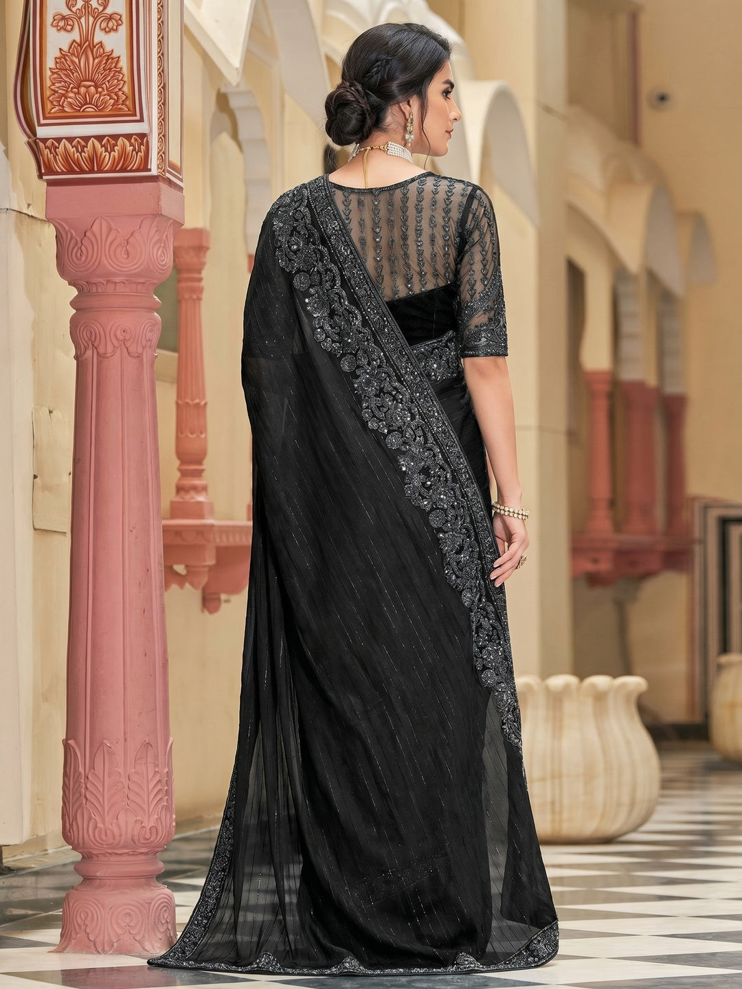 Black Floral Sequins Embroidered Art Silk Saree - Image 1