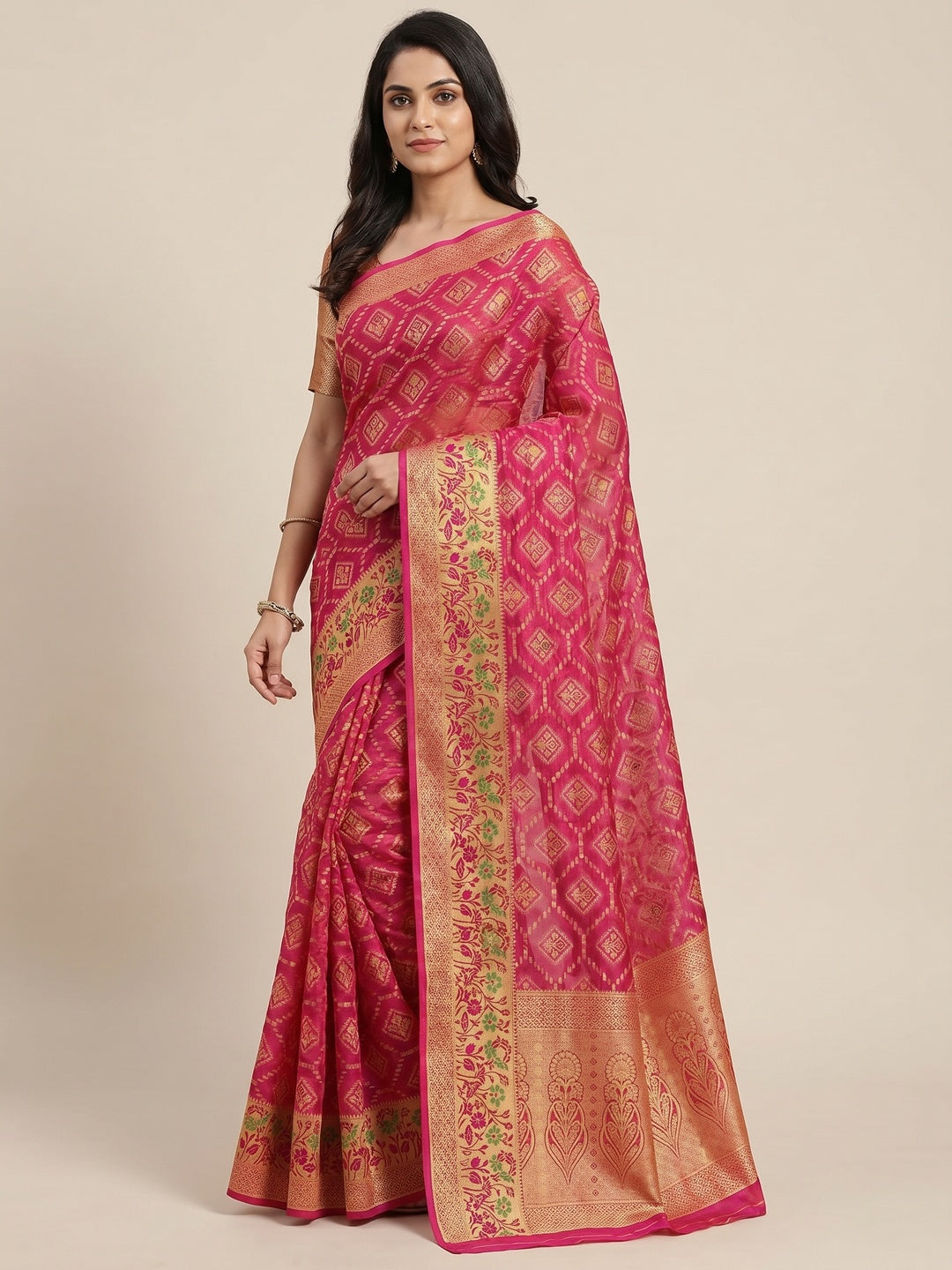 Pink Woven Organza Saree - Image 1
