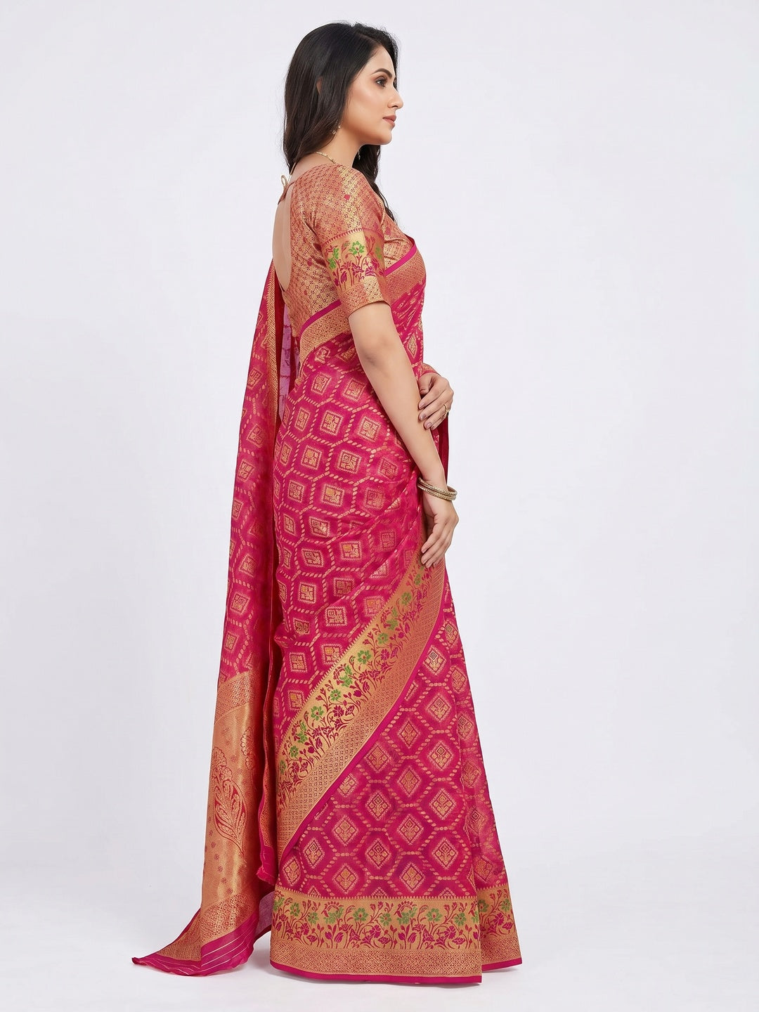 Pink Woven Organza Saree - Image 3