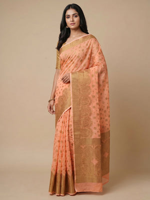 Peach Woven Cotton Blend Saree - Image 1