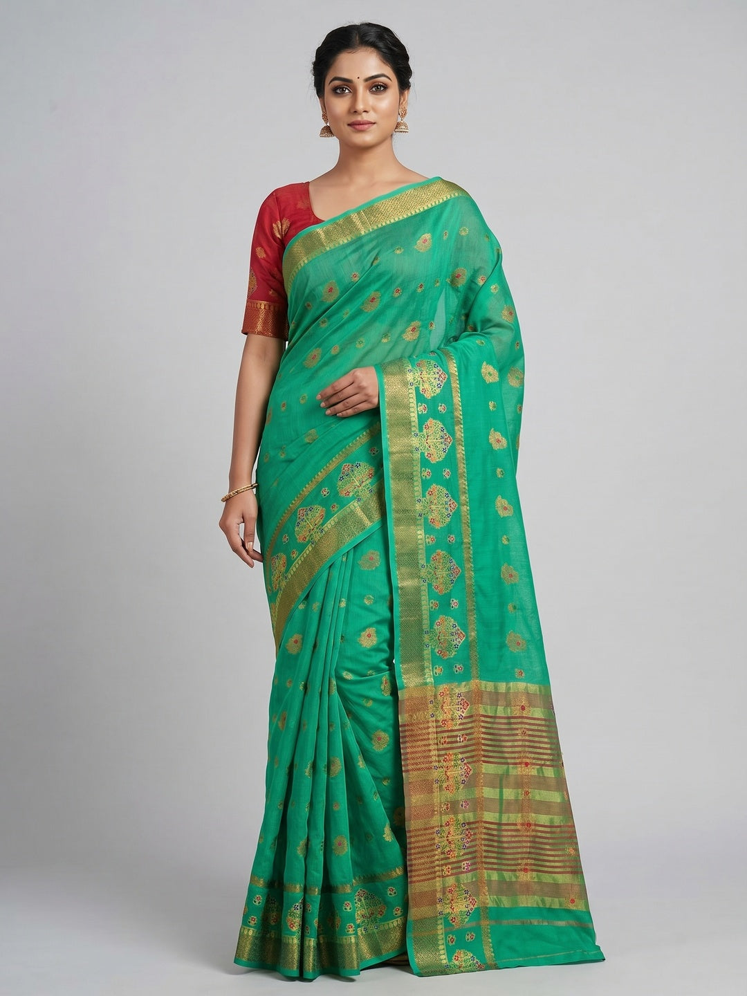Turquoise Green Woven Cotton Blend Saree - Image 1