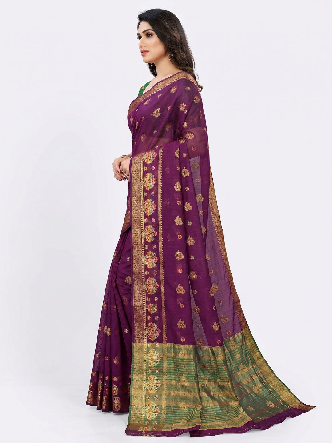Purple Woven Cotton Blend Saree - Image 3