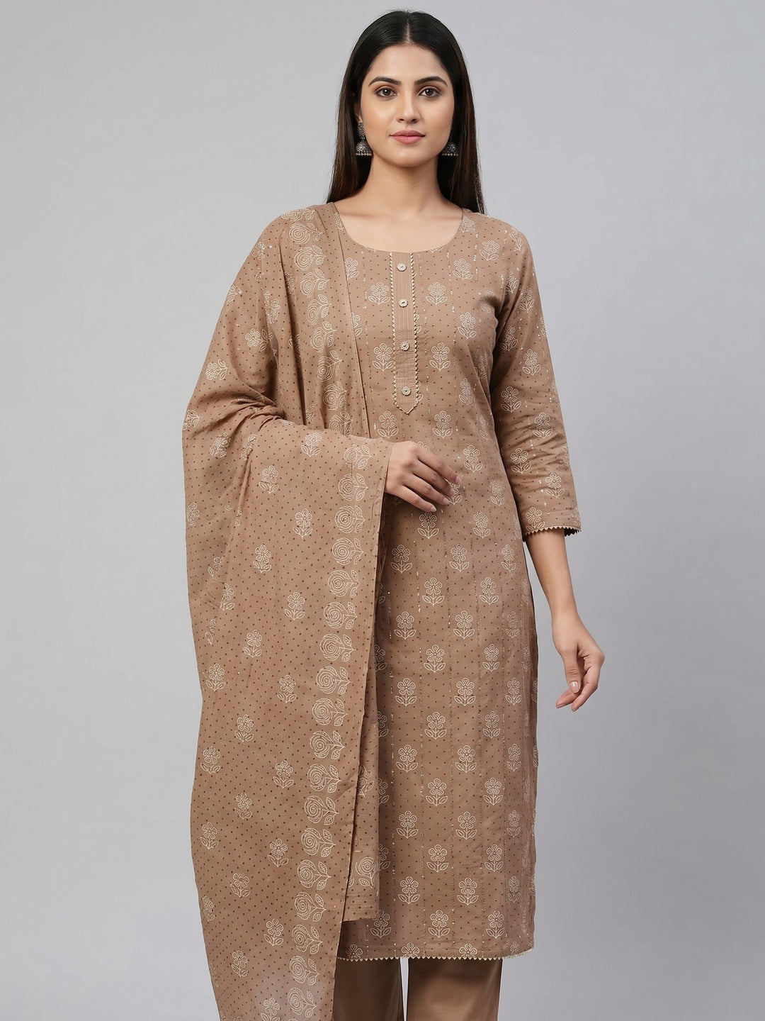 Brown Printed With Embellished Pure Cotton Dress Material - Image 1