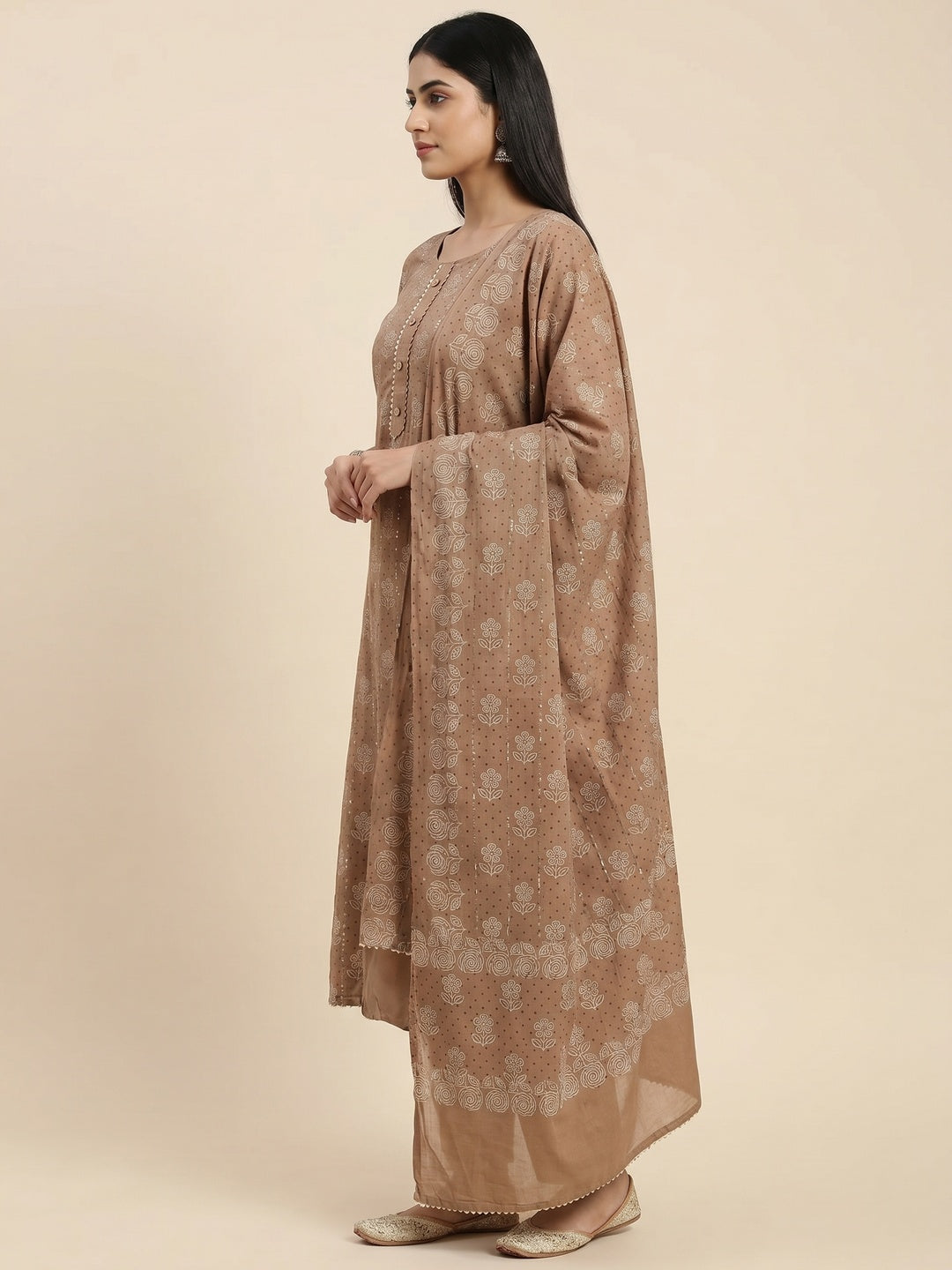 Brown Printed With Embellished Pure Cotton Dress Material - Image 2
