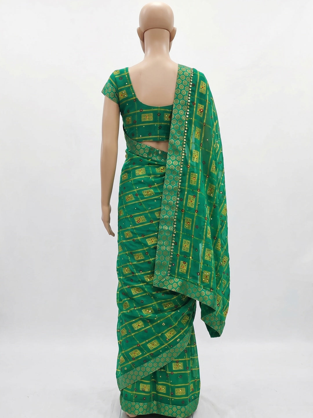 Green Woven With Embellished Chiffon Saree - Image 3
