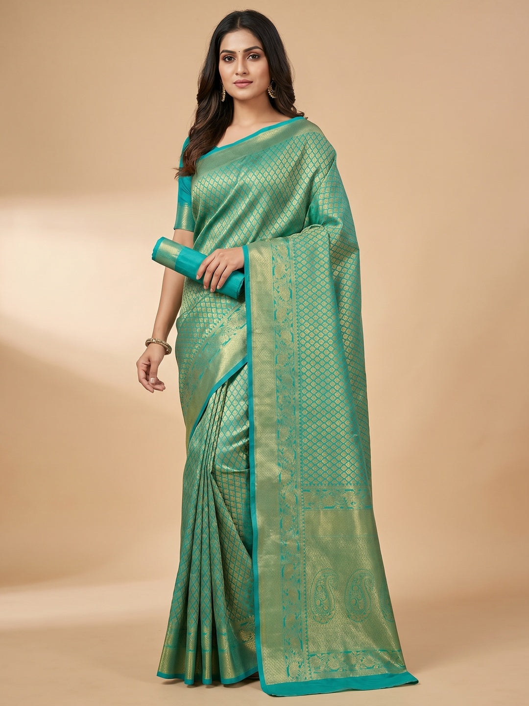 Firozi Woven Jacquard Saree - Image 1