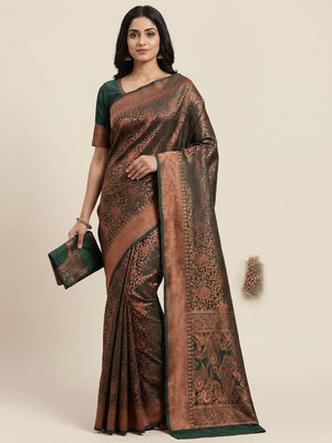 Dark Rama Woven Jacquard Saree - Image 1