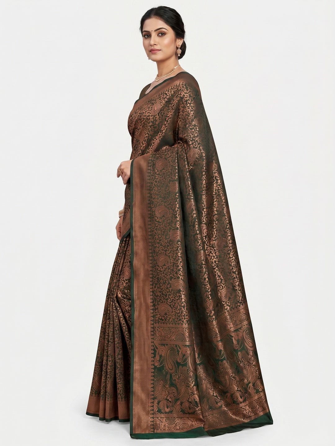 Dark Rama Woven Jacquard Saree - Image 2