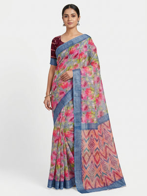 Grey Digital Printed Linen Saree - Image 1