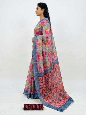 Grey Digital Printed Linen Saree - Image 2
