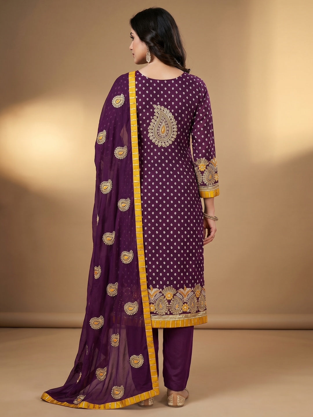 Wine Embroidered With Embellished Chanderi Dress Material - Image 2