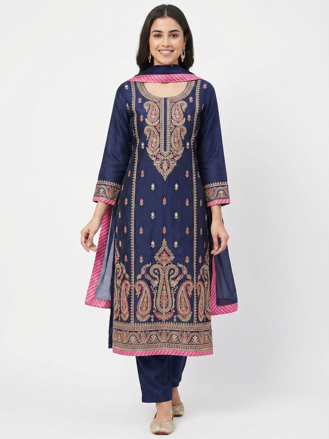 Navy Blue Embroidered With Embellished Chanderi Dress Material - Image 1