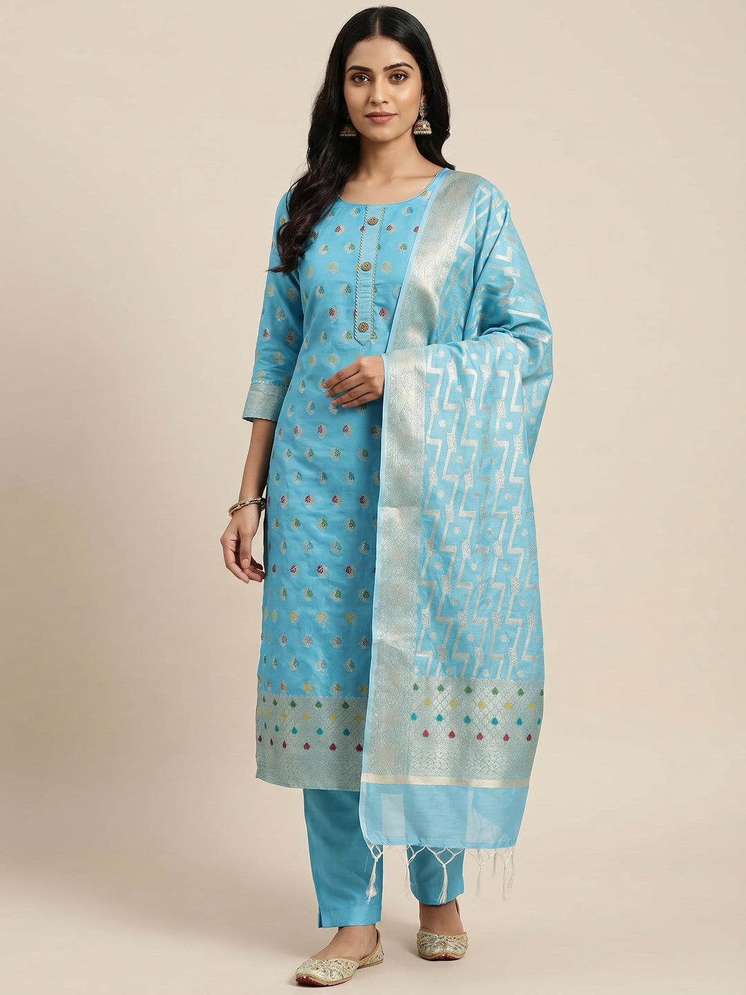 Blue Embroidered With Woven Banarasi Silk Dress Material - Image 1