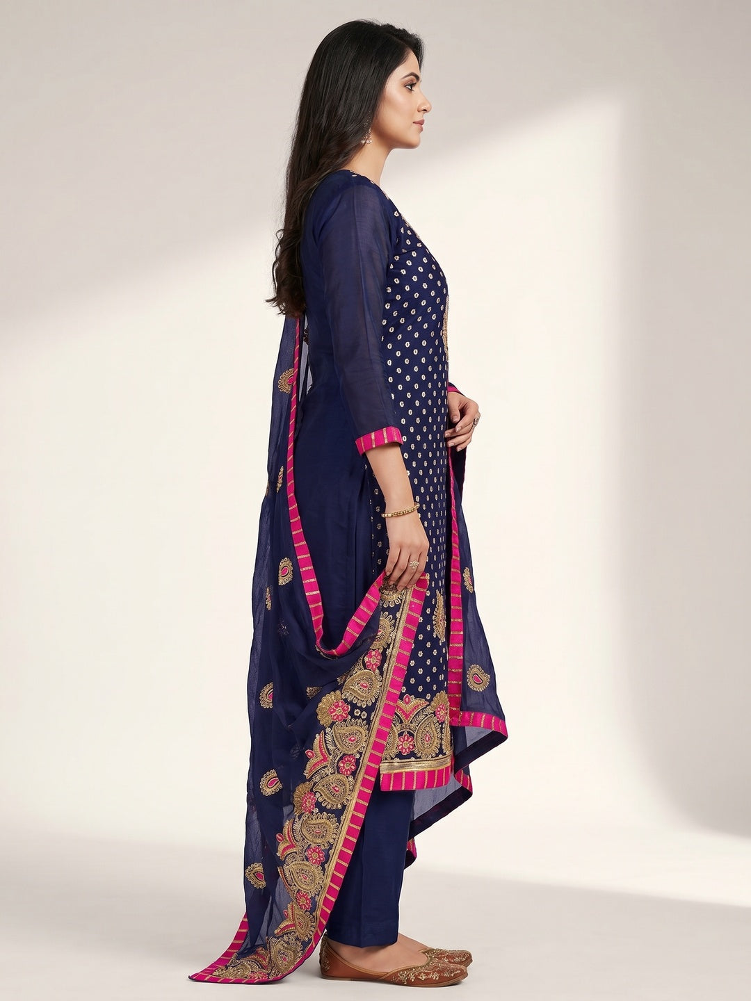 Navy Blue Embroidered With Embellished Chanderi Dress Material - Image 3
