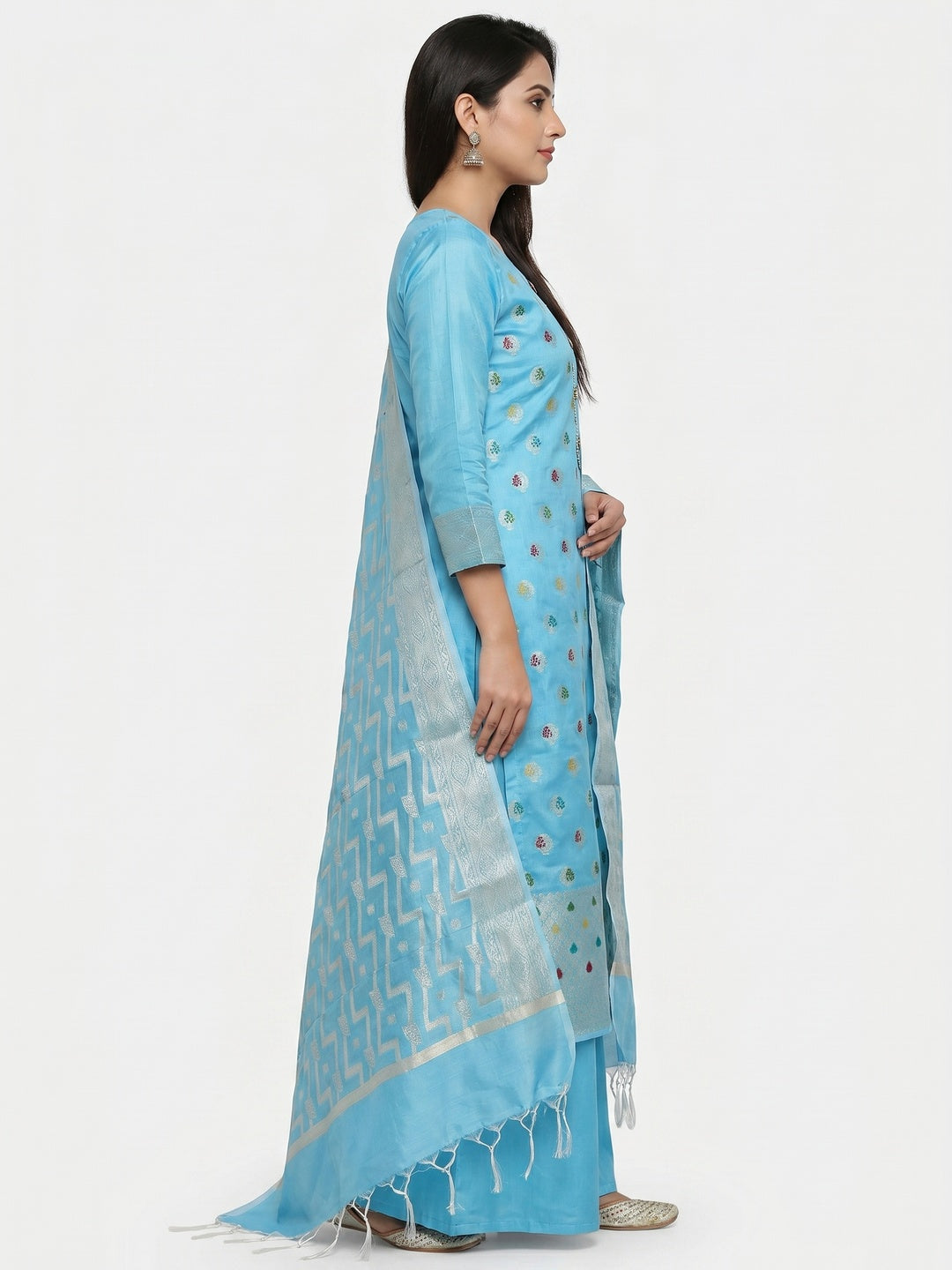 Blue Embroidered With Woven Banarasi Silk Dress Material - Image 2