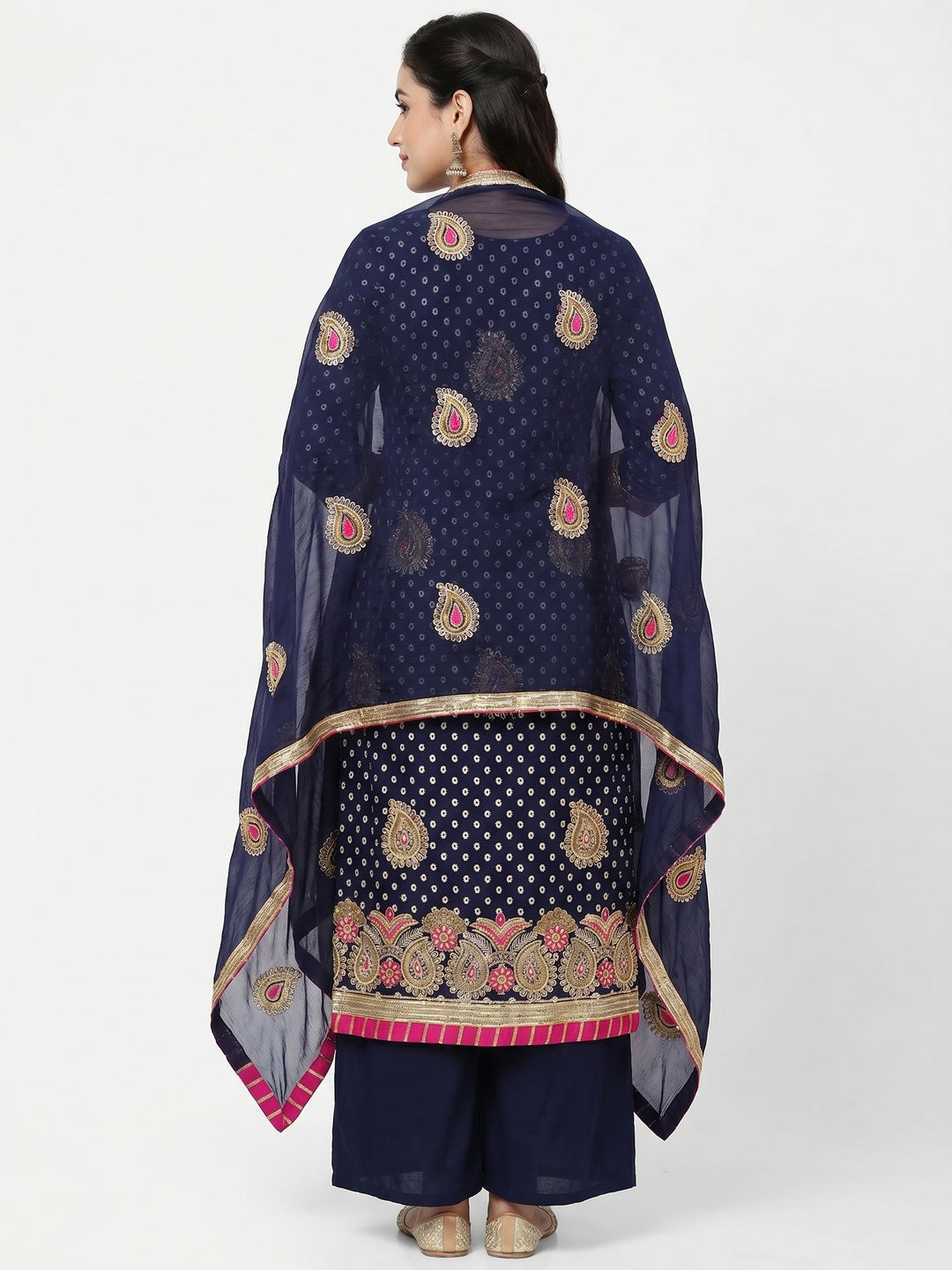 Navy Blue Embroidered With Embellished Chanderi Dress Material - Image 2