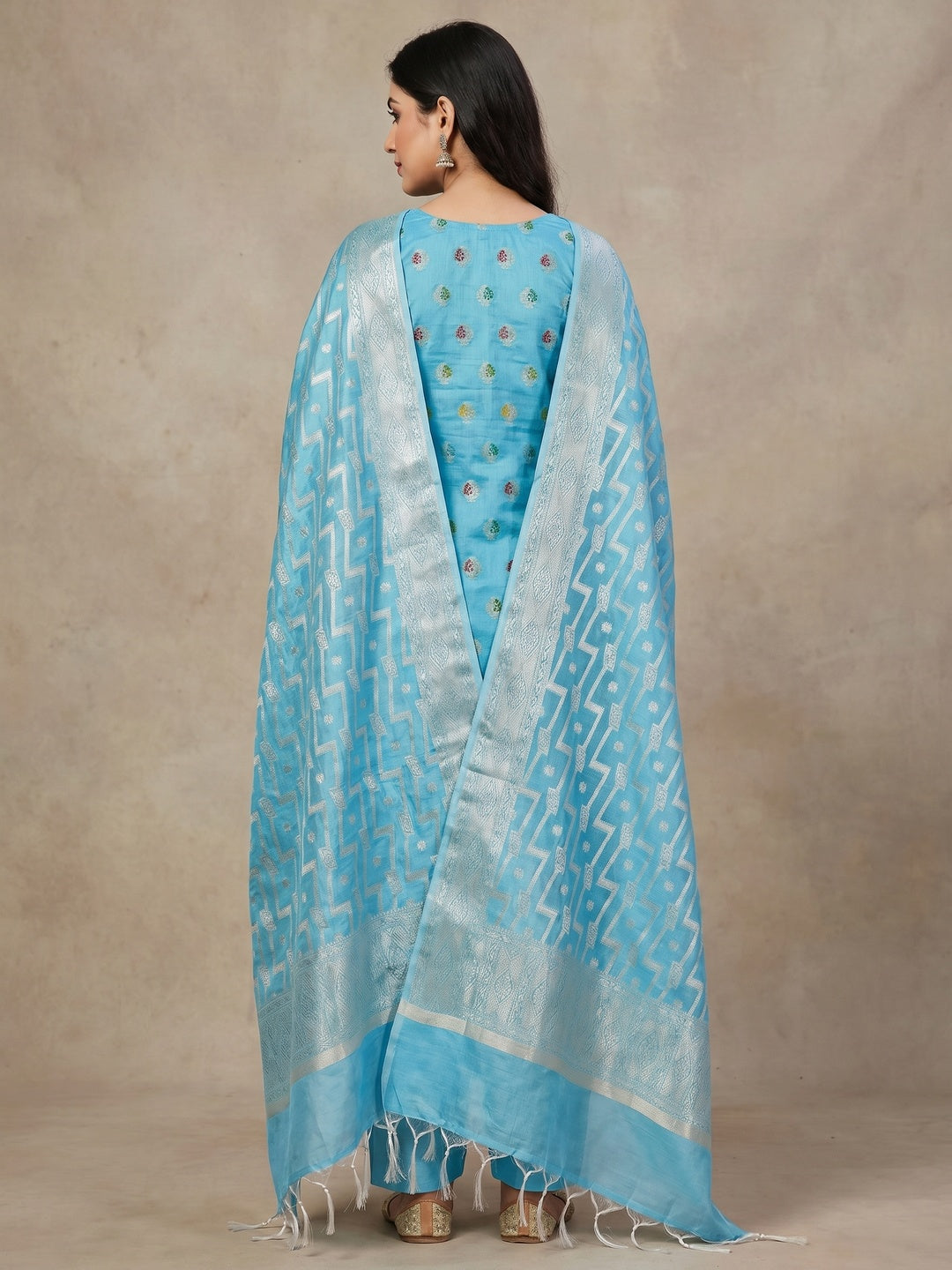 Blue Embroidered With Woven Banarasi Silk Dress Material - Image 3