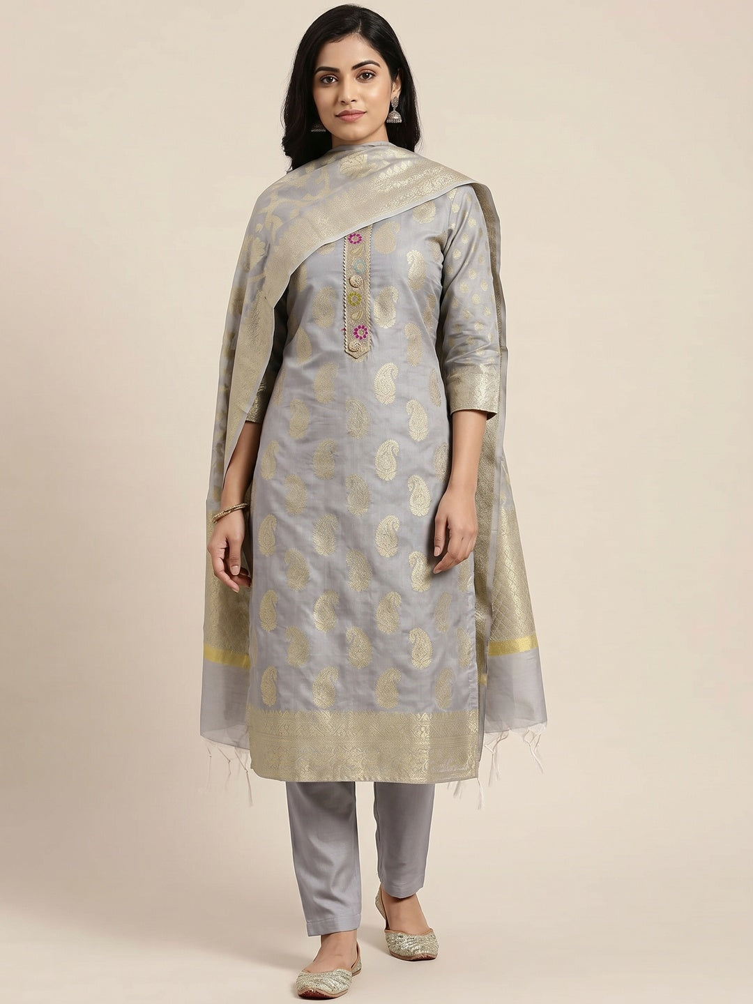 Grey Woven Banarasi Silk Dress Material - Image 1