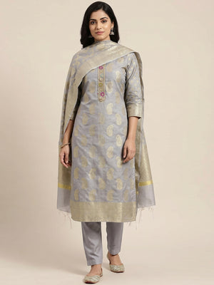 Grey Woven Banarasi Silk Dress Material - Image 1
