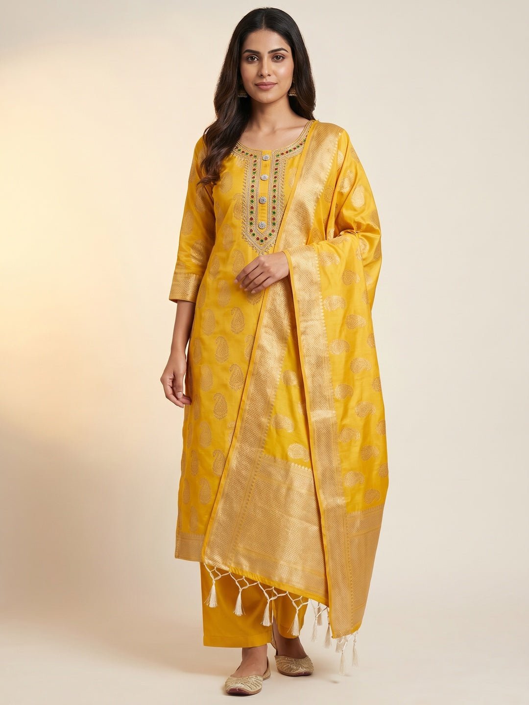 Yellow Woven Banarasi Silk Dress Material - Image 1