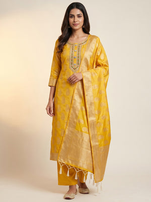 Yellow Woven Banarasi Silk Dress Material - Image 1