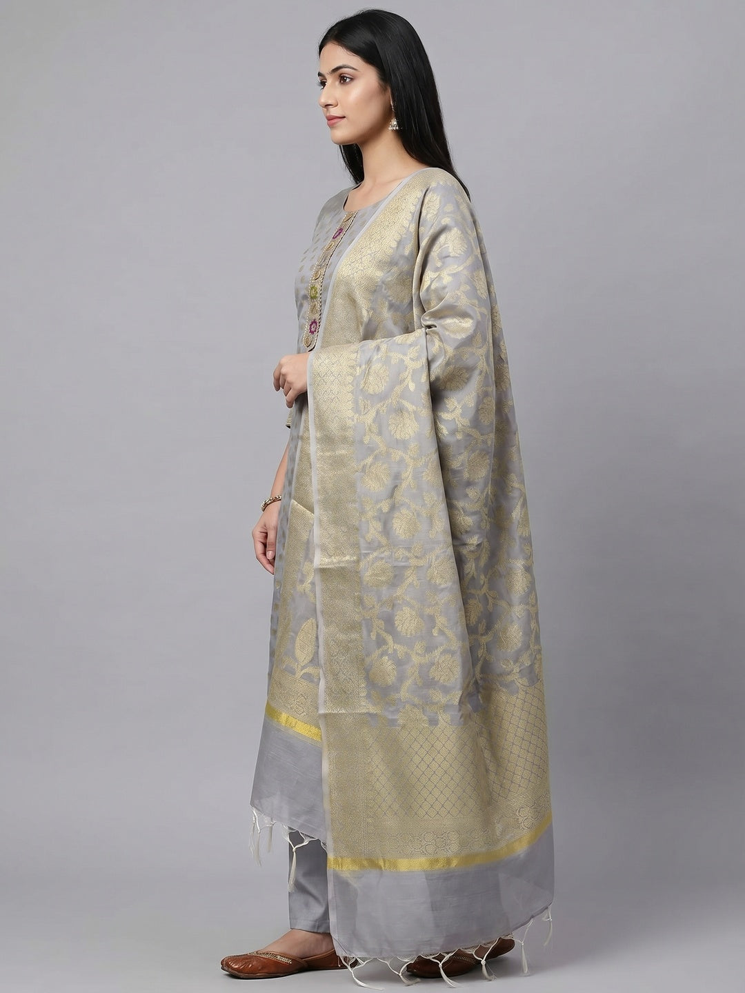 Grey Woven Banarasi Silk Dress Material - Image 3