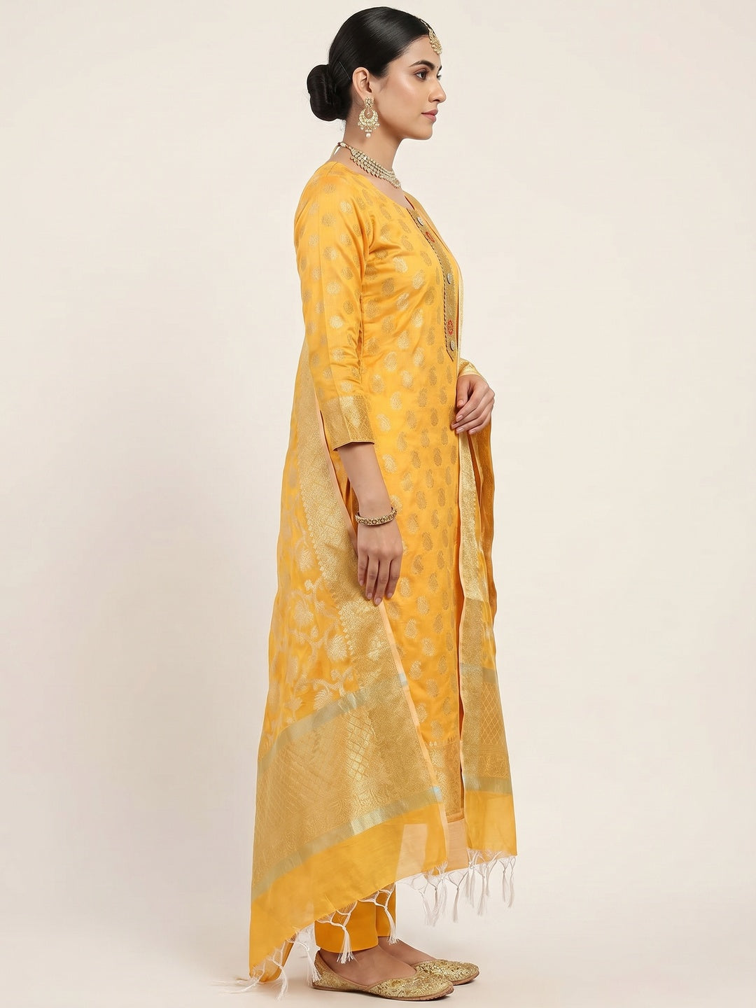 Yellow Woven Banarasi Silk Dress Material - Image 2