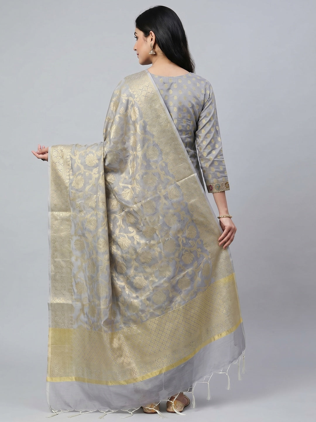 Grey Woven Banarasi Silk Dress Material - Image 2