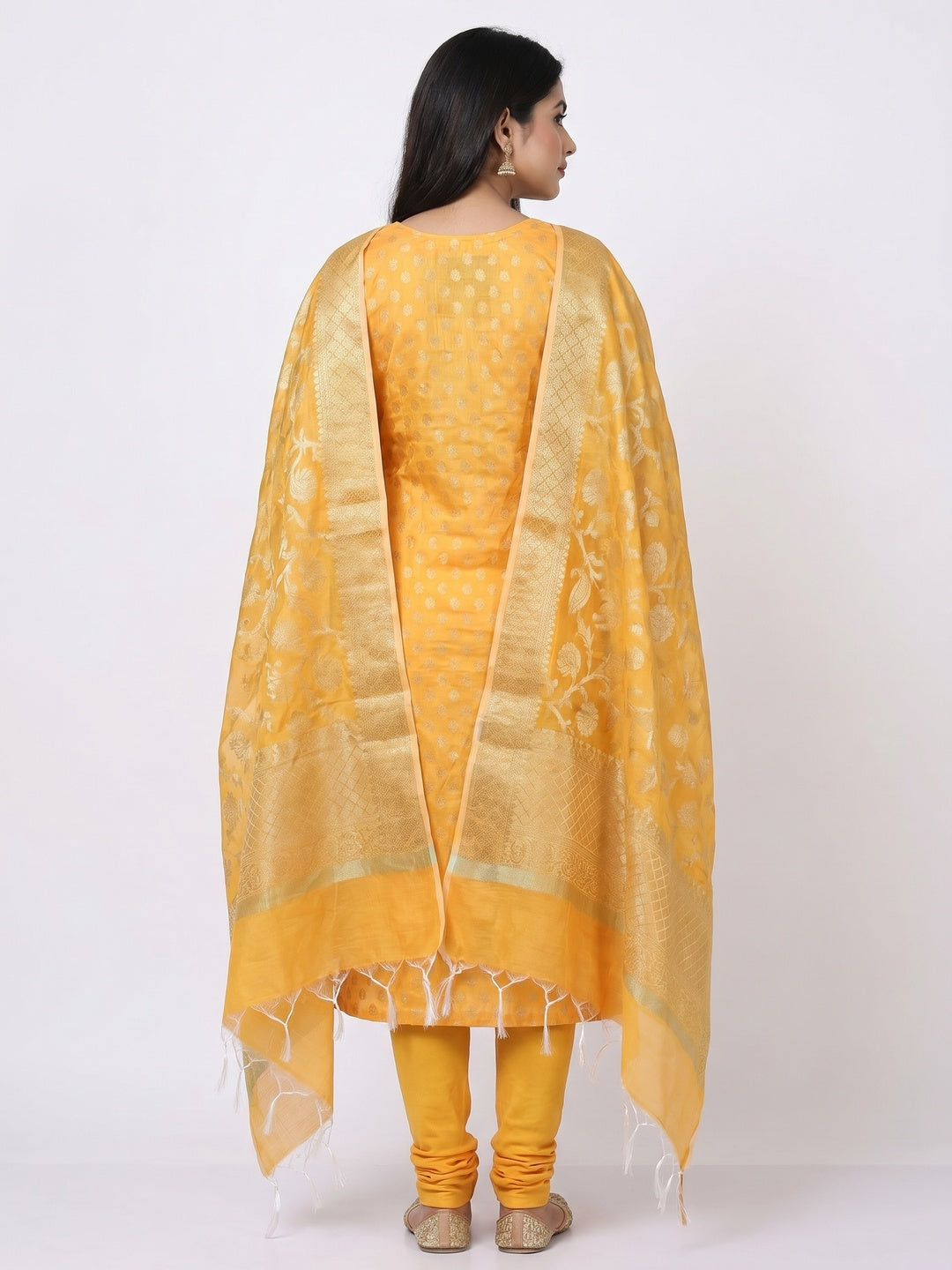 Yellow Woven Banarasi Silk Dress Material - Image 3
