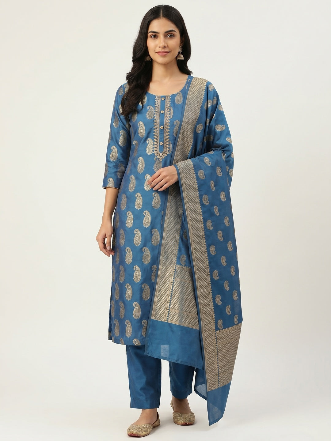 Blue Woven Banarasi Silk Dress Material - Image 1