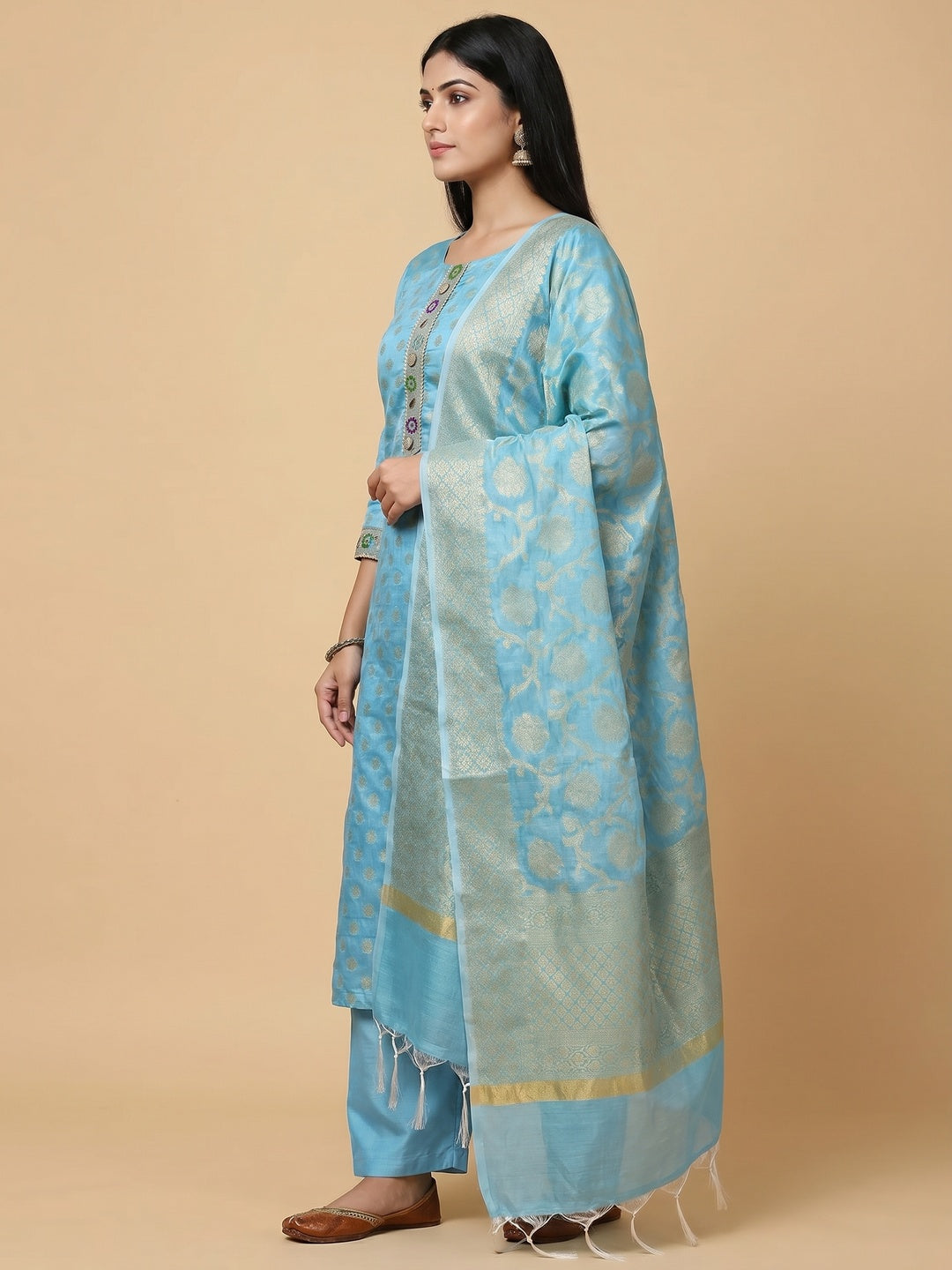 Blue Woven Banarasi Silk Dress Material - Image 3