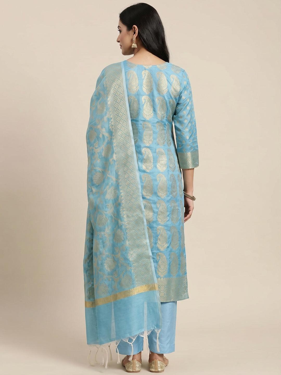 Blue Woven Banarasi Silk Dress Material - Image 2