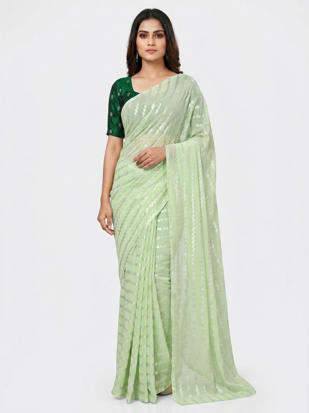 Green Foil Printed Georgette Saree - Image 1