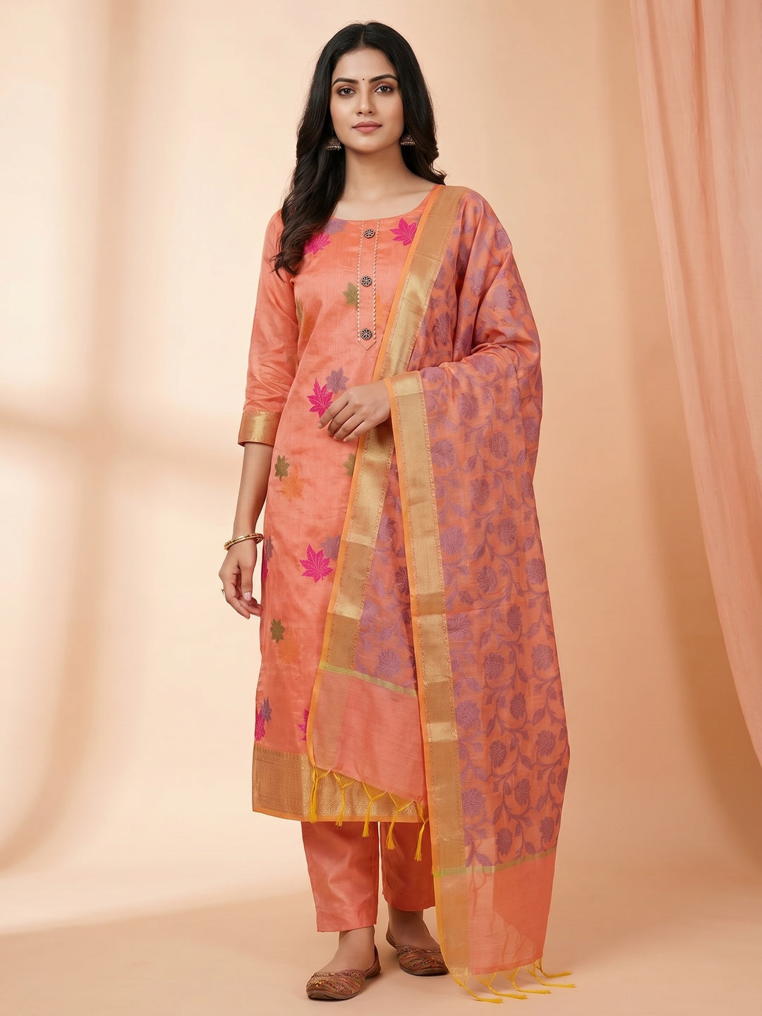 Peach Floral Embroidered Banarasi Silk Dress Material - Image 1