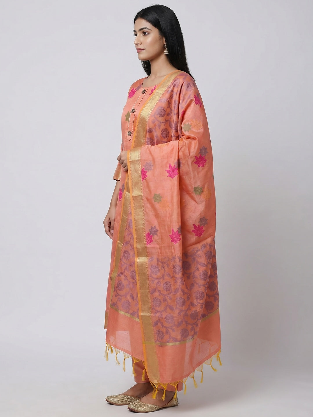 Peach Floral Embroidered Banarasi Silk Dress Material - Image 3