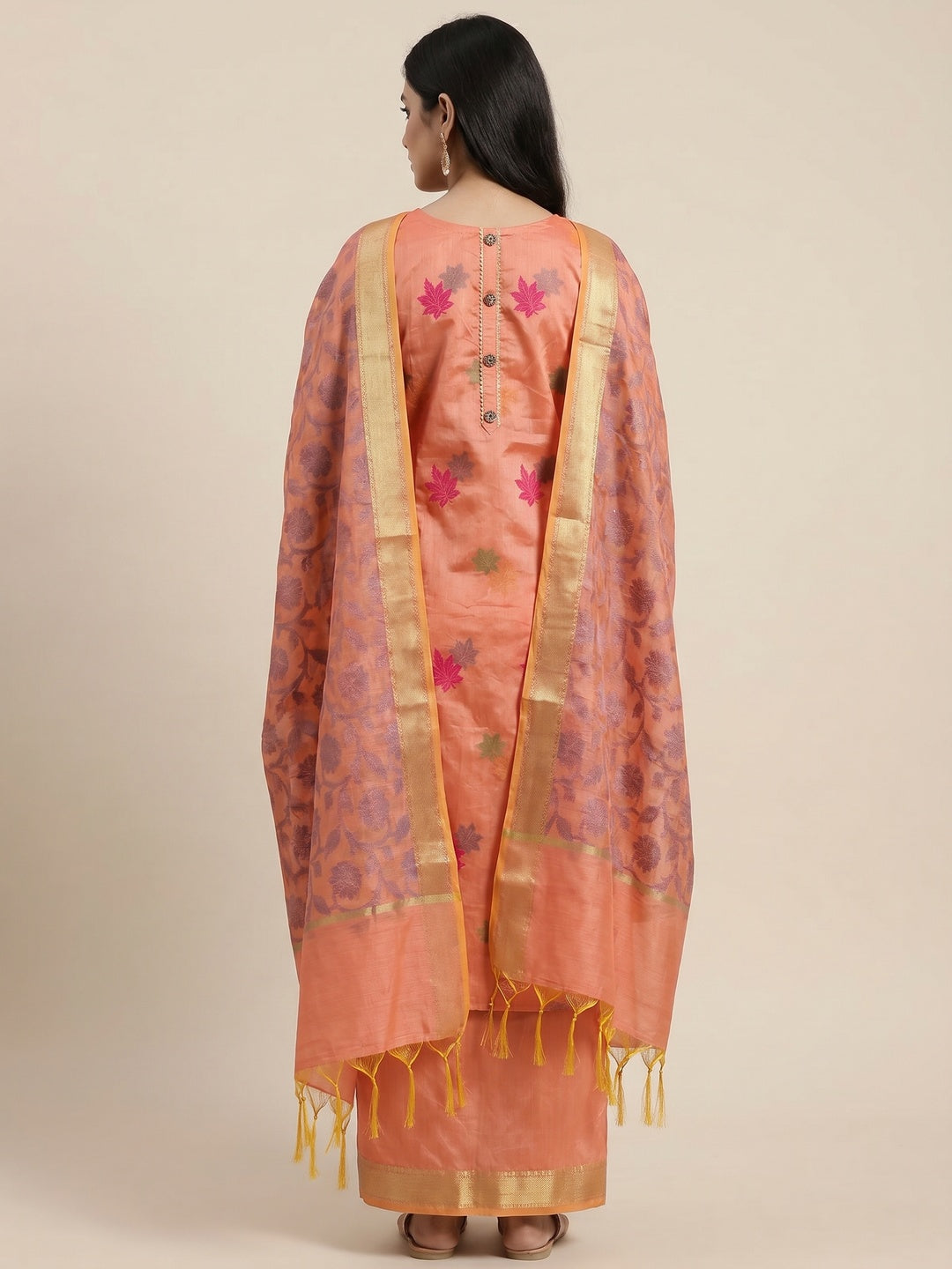 Peach Floral Embroidered Banarasi Silk Dress Material - Image 2