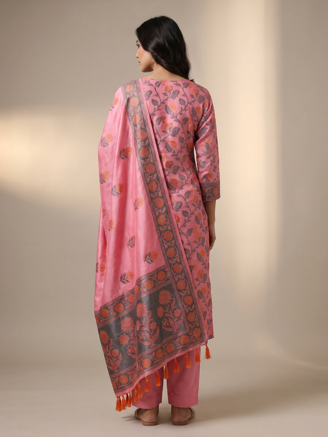 Pink Floral Embroidered Banarasi Silk Dress Material - Image 3